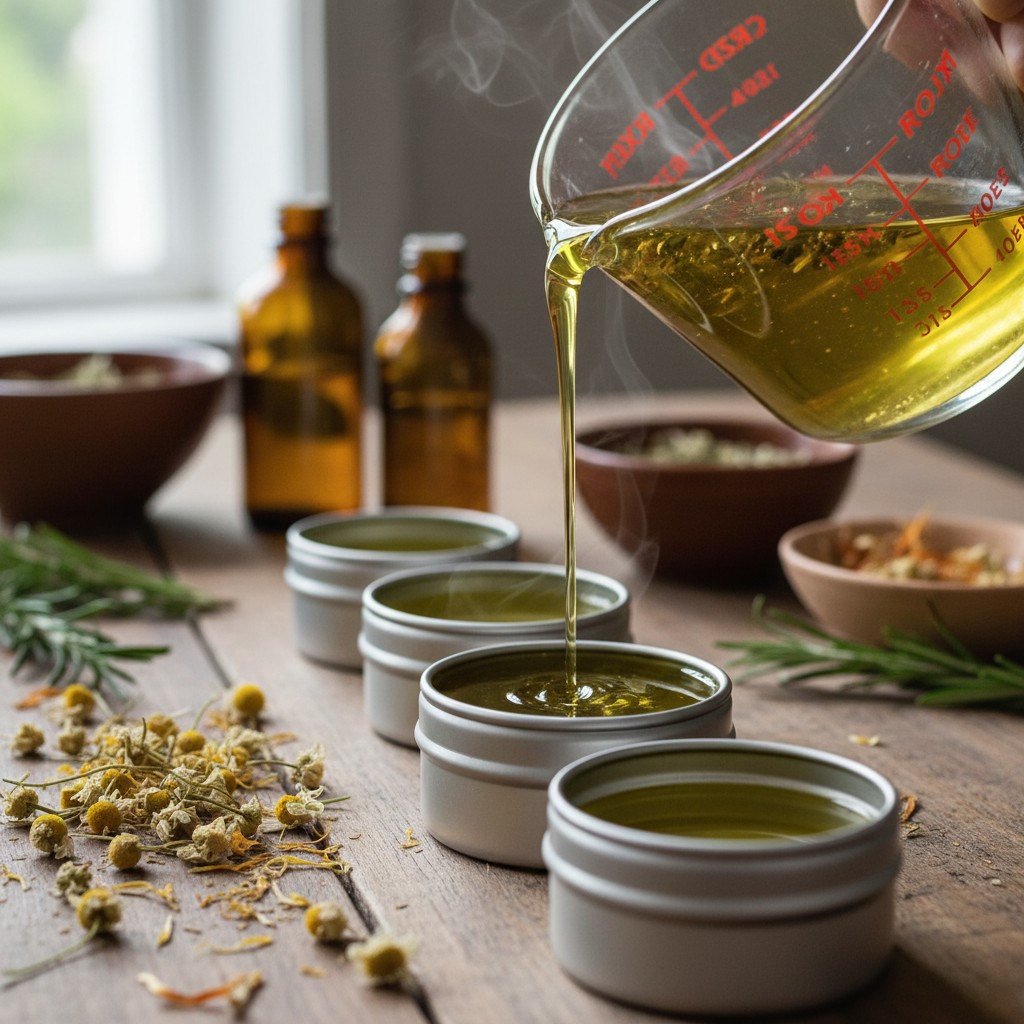Liquid herbal salve being poured into small round tins
