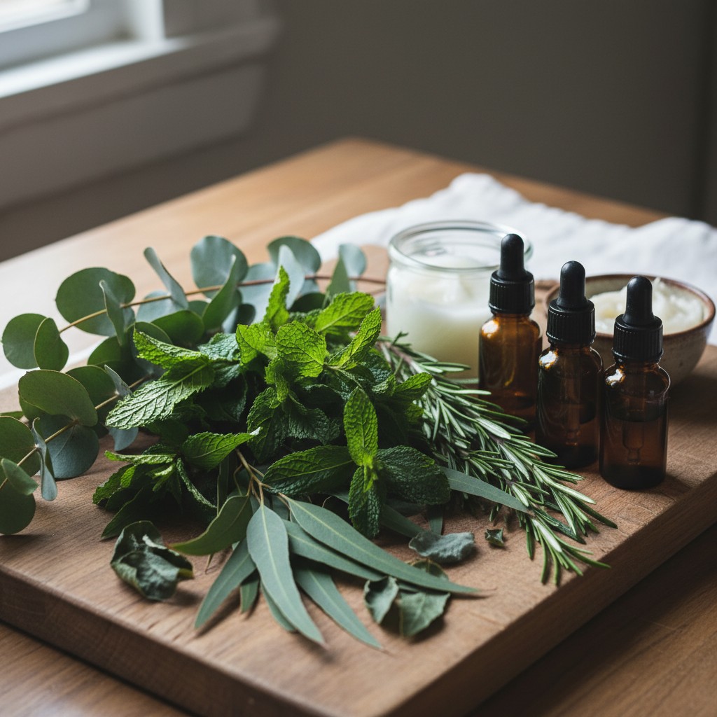 Eucalyptus, peppermint, and rosemary with essential oil bottles for chest rub