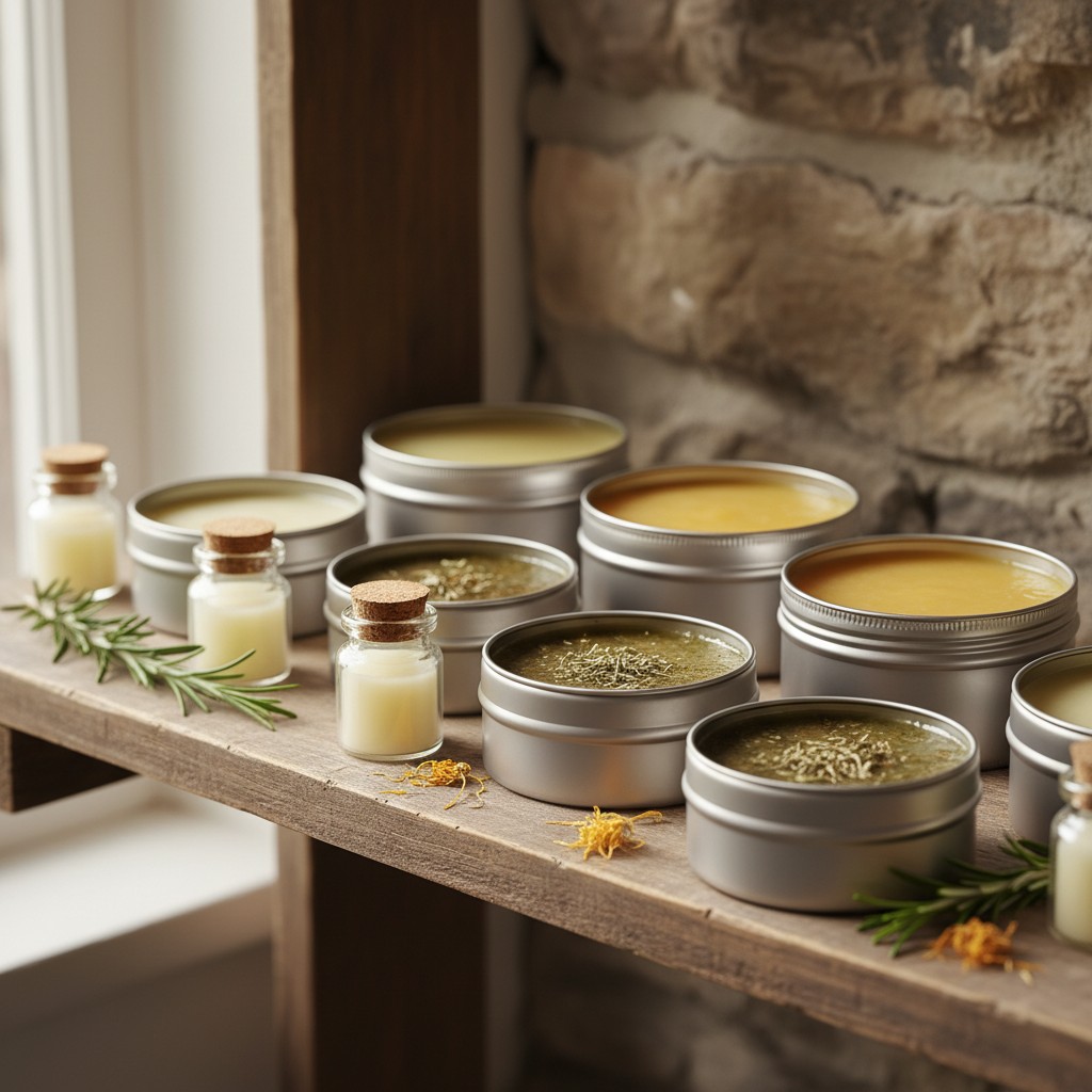 A collection of finished homemade herbal salves in labeled tins on a wooden shelf