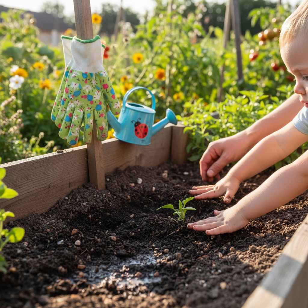 Small hands patting soil around a seedling in a raised garden bed
