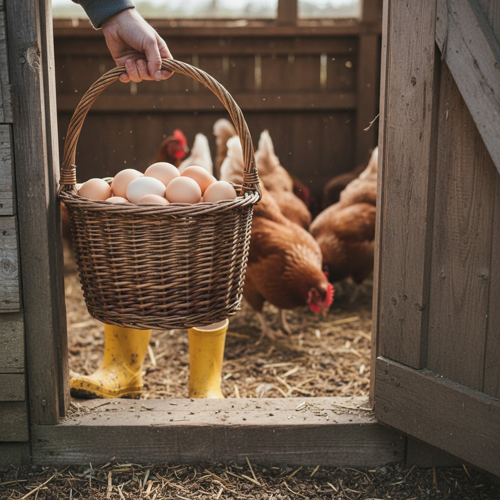 A basket of fresh eggs being carried through a chicken coop door