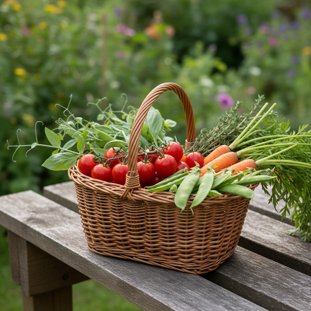A colorful harvest of cherry tomatoes, snap peas, and carrots in a child-sized basket