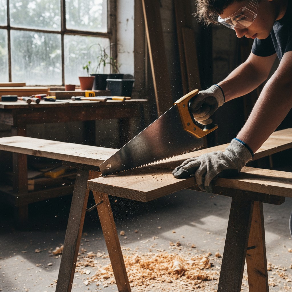 A teenager using a hand saw on sawhorses wearing safety glasses