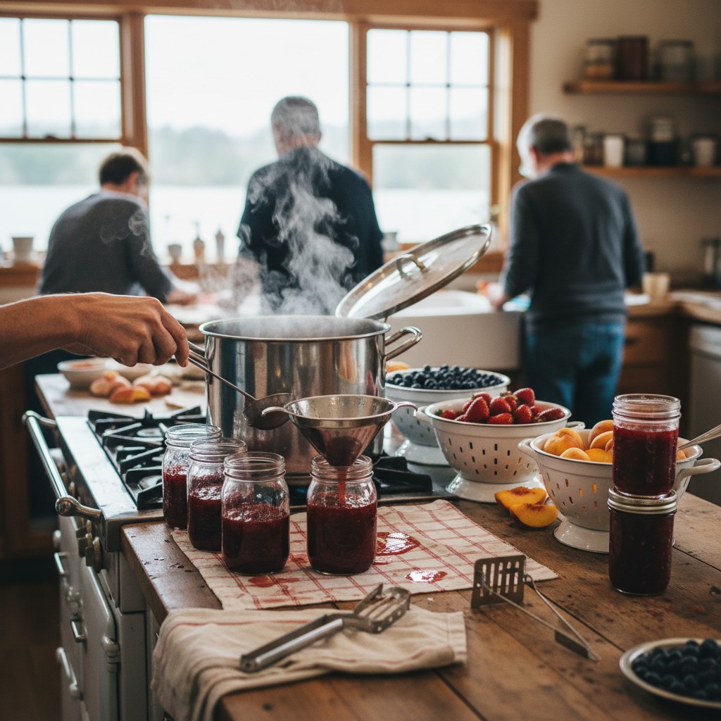 A farmhouse kitchen with a water-bath canner and jars being filled during a family canning day