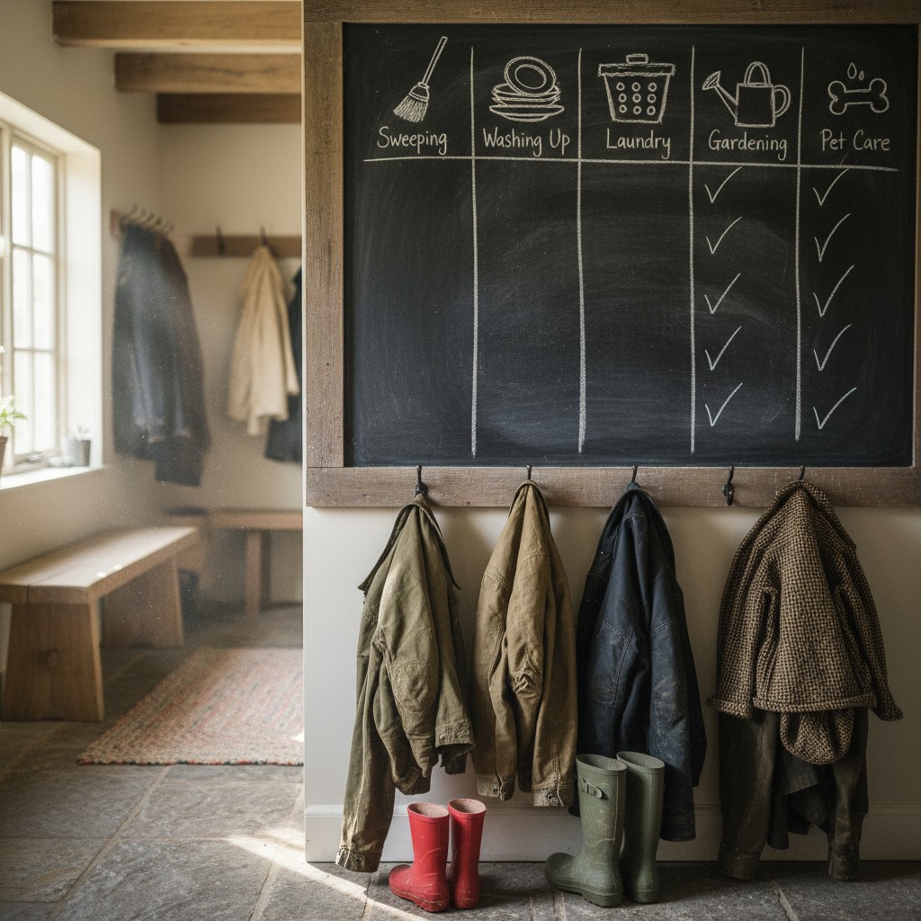 A hand-drawn family chore chart on a chalkboard in a farmhouse mudroom