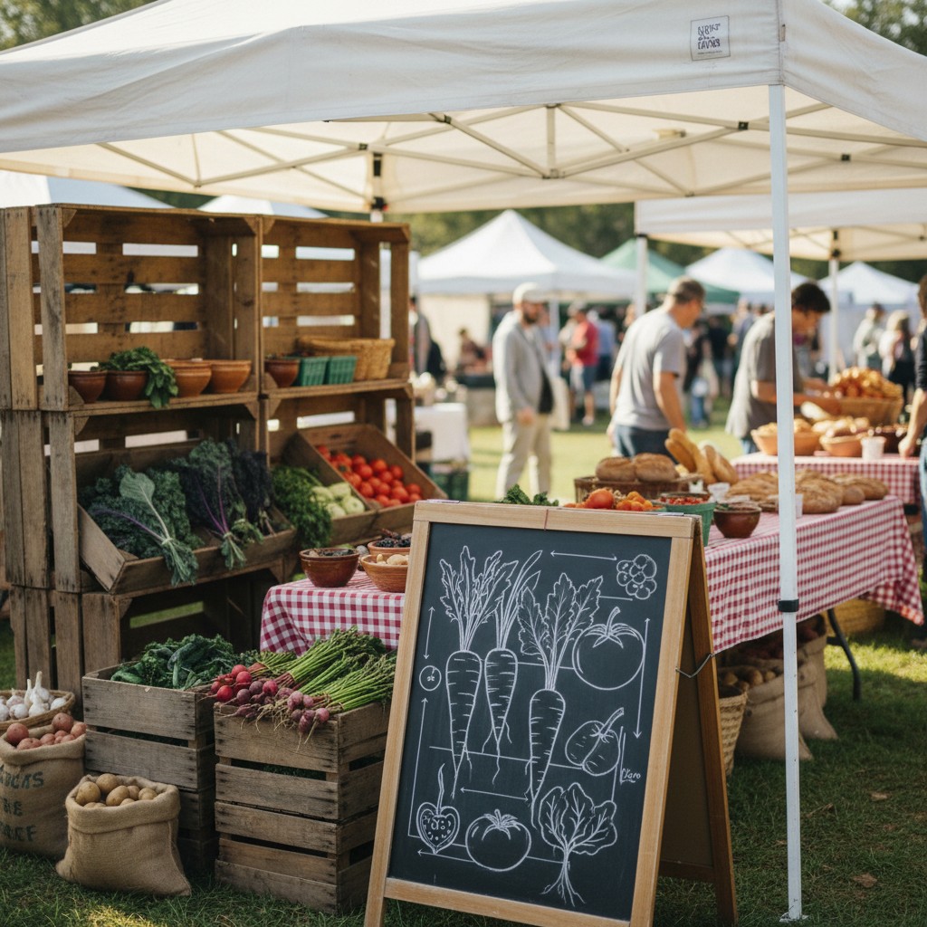 A farmers market booth with white canopy, wooden crates of vegetables, and chalkboard signs