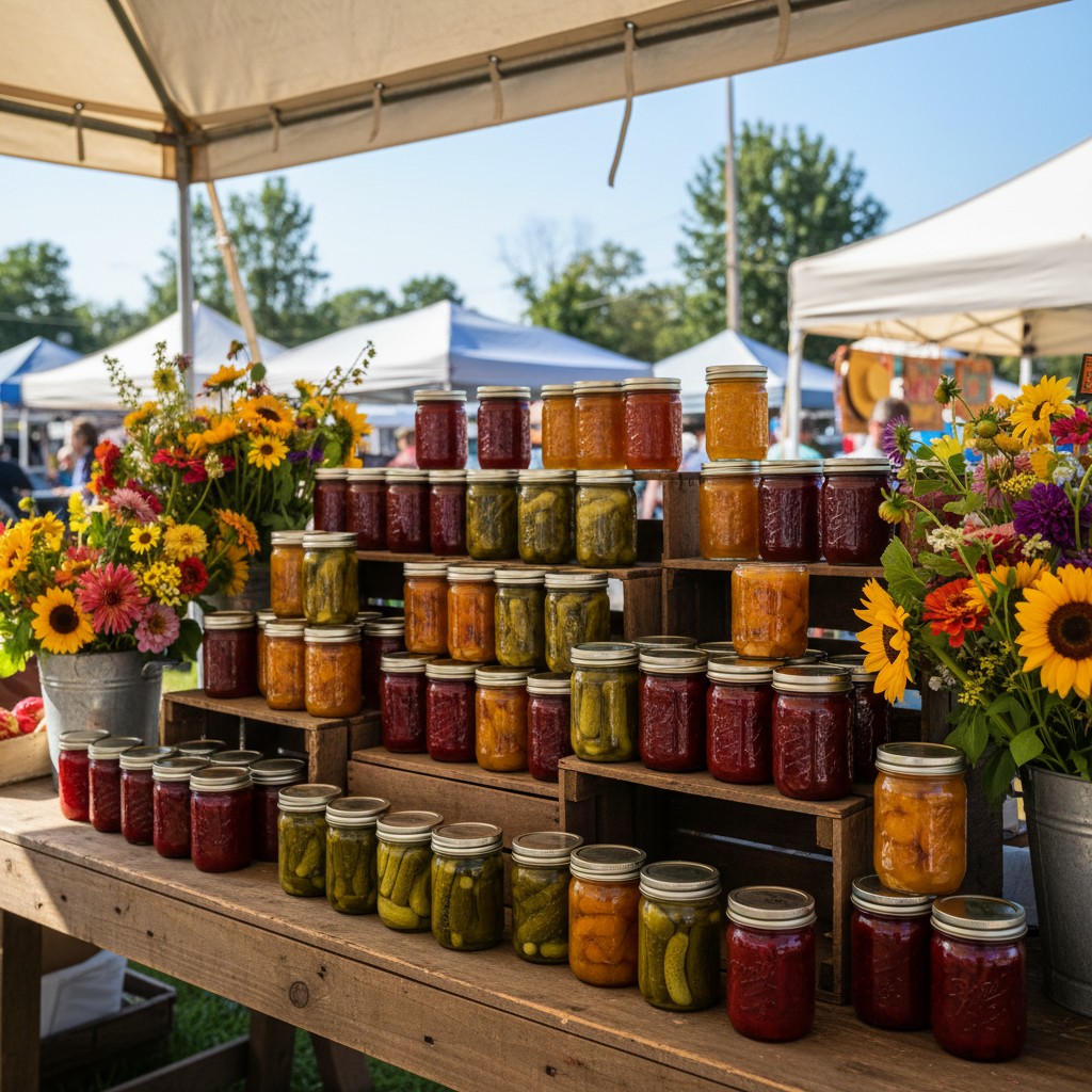 Homemade jams, pickles, and honey displayed at different heights at a farmers market