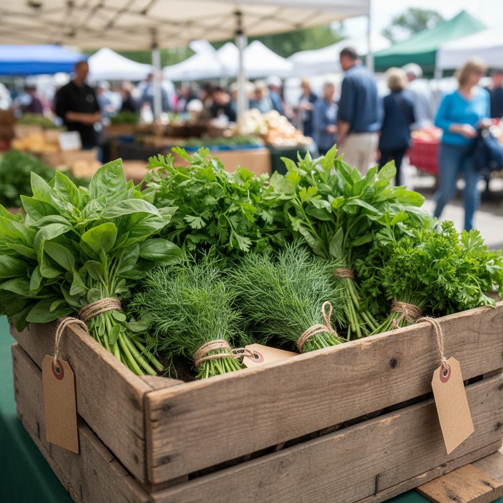 Bundles of fresh herbs wrapped in twine in a wooden display box with chalkboard labels