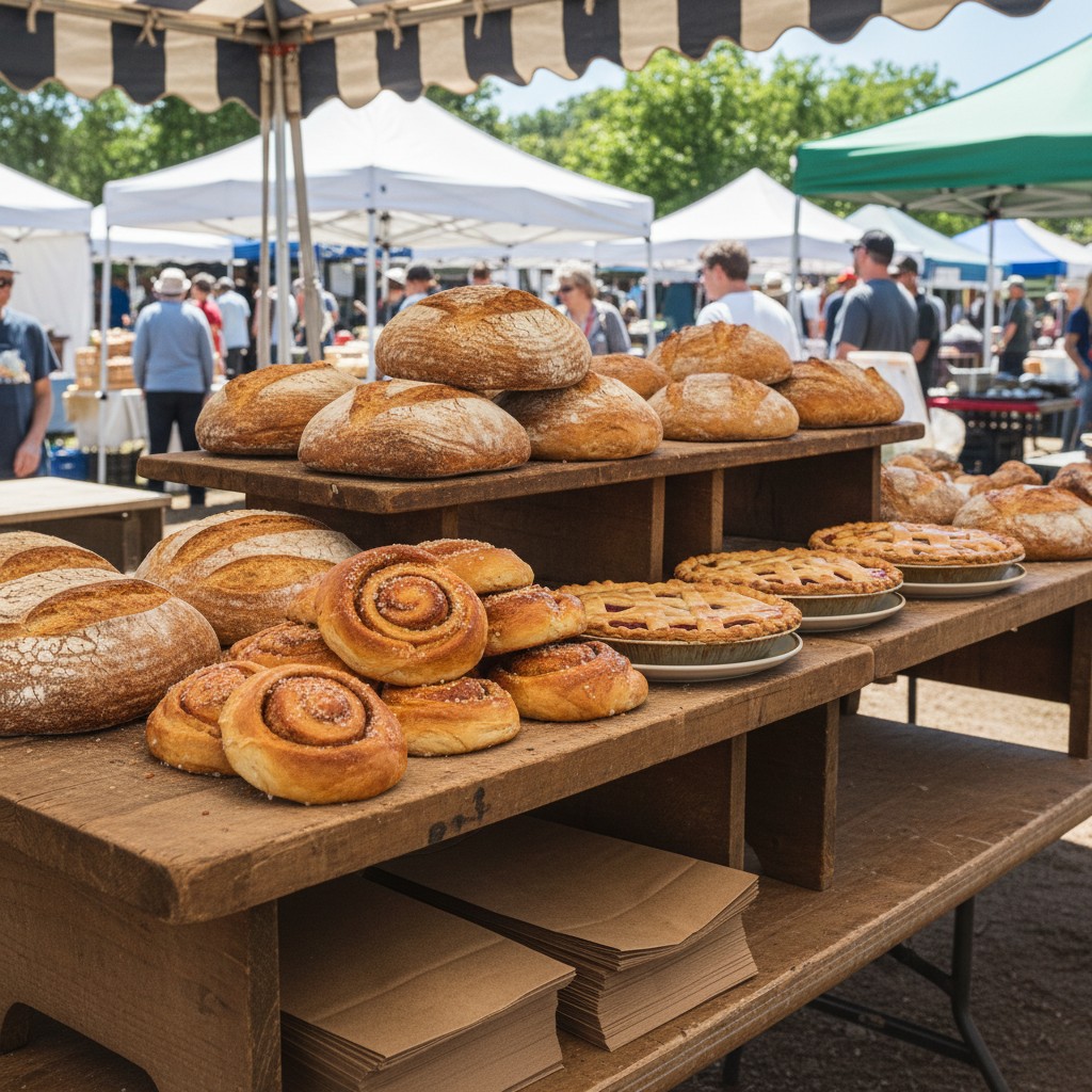 Sourdough loaves, cinnamon rolls, and pies displayed at a farmers market bakery booth