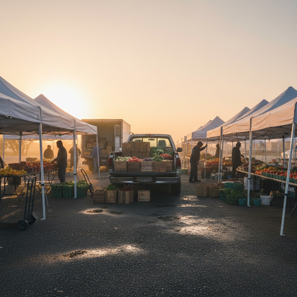 Early morning farmers market with vendors setting up booths at sunrise