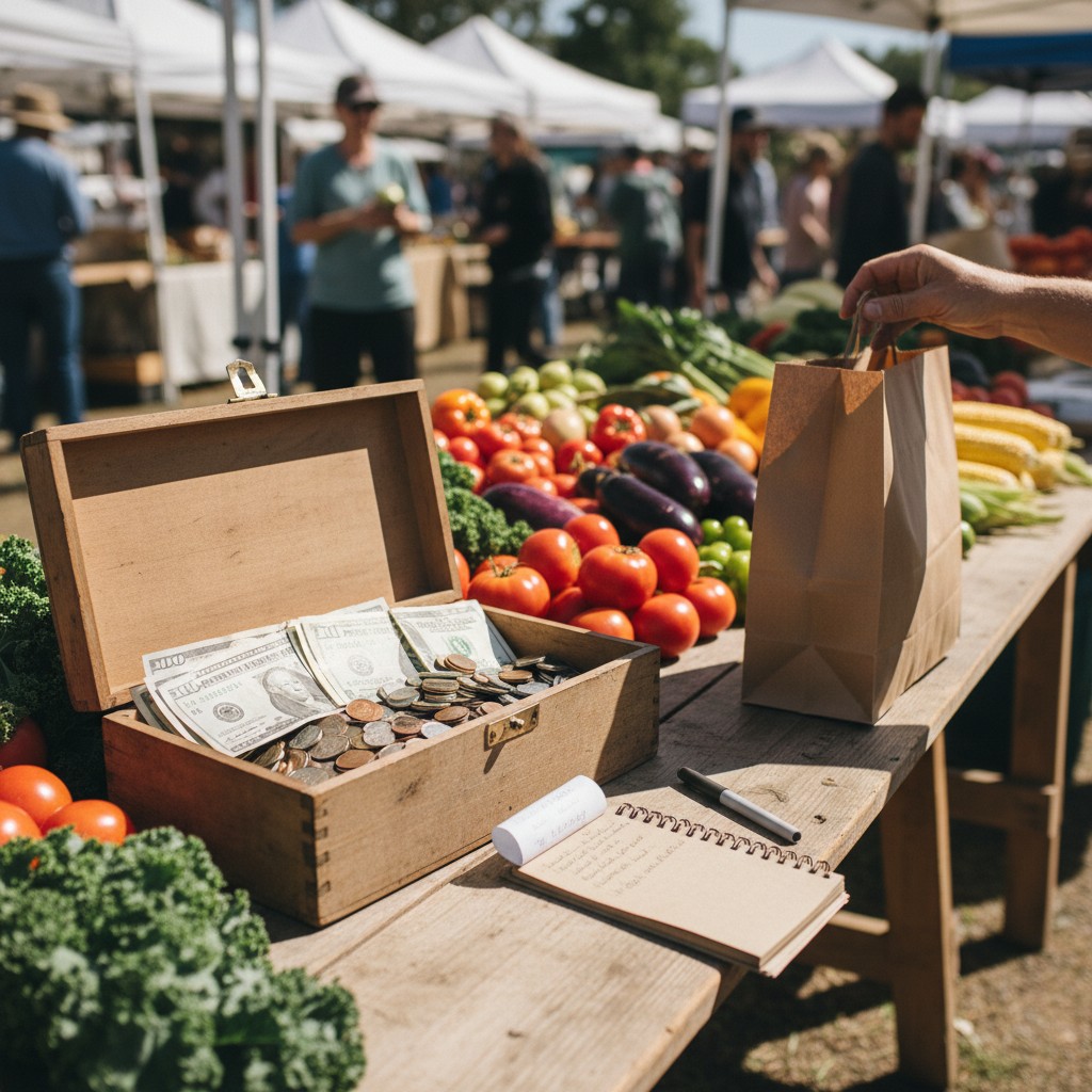 A farmers market cash box with bills and a paper bag of produce being handed over