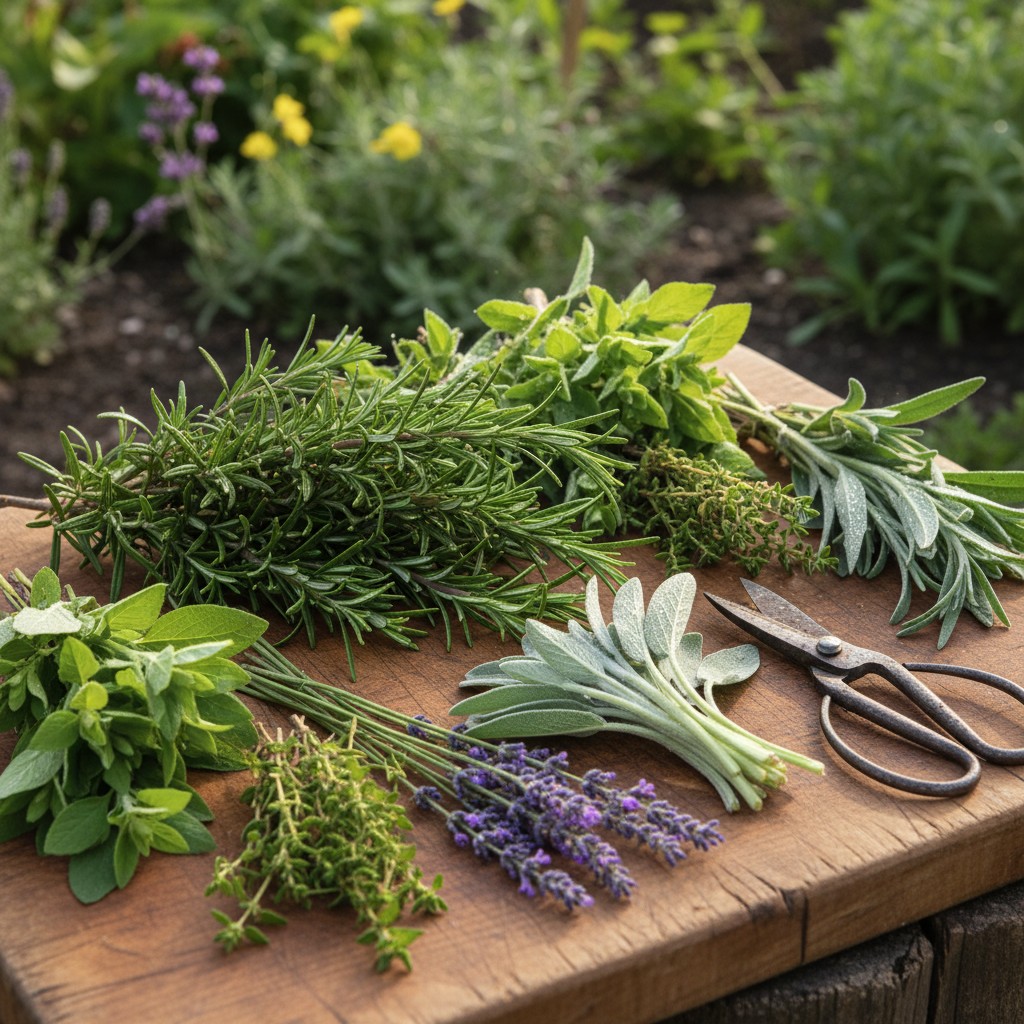 Freshly harvested bunches of rosemary, thyme, oregano, sage, and lavender on a cutting board