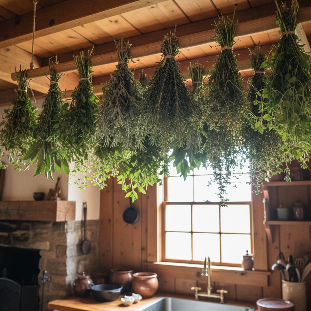 Bundles of herbs hanging upside down from a wooden drying rack