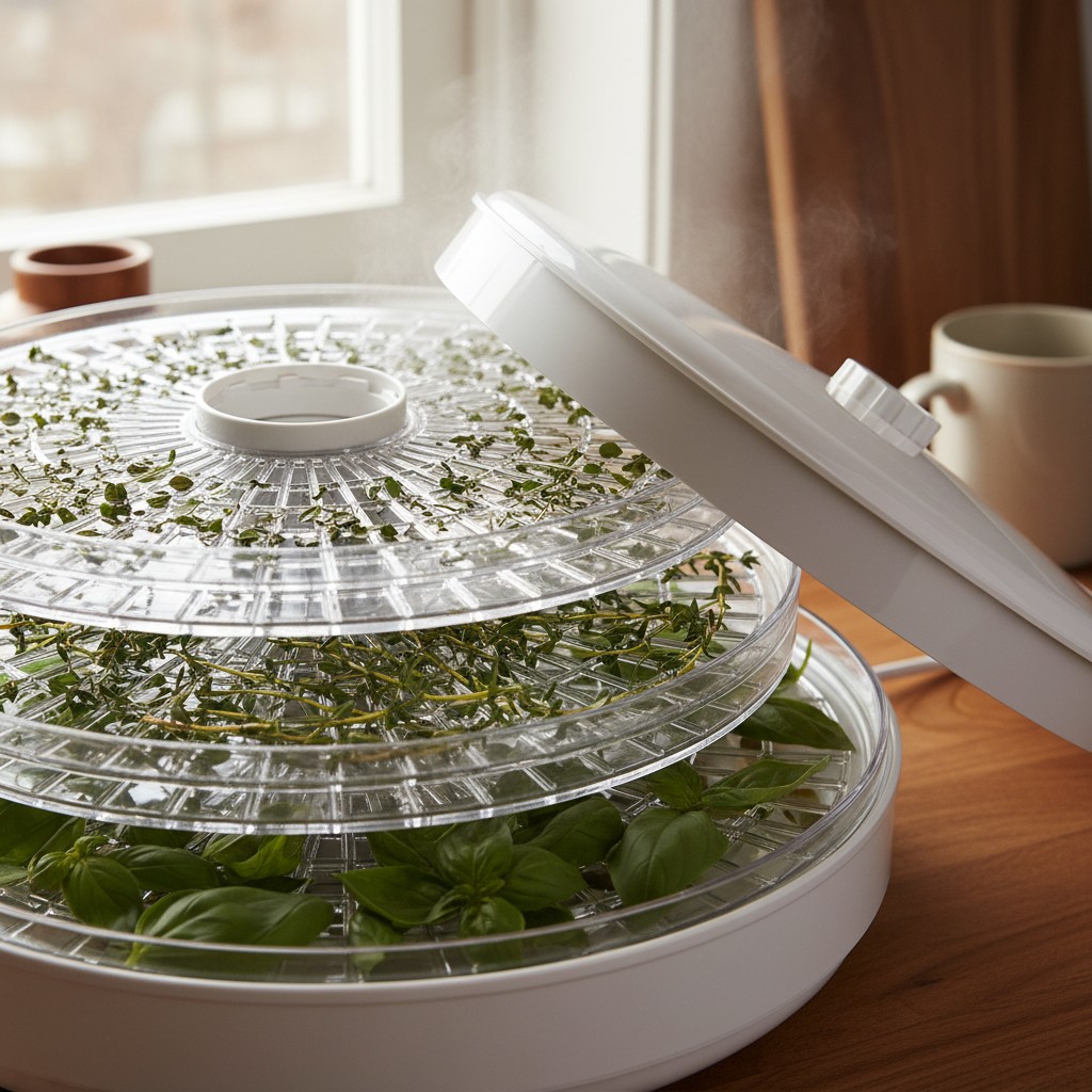 Herb leaves spread on food dehydrator trays showing oregano, thyme, and basil
