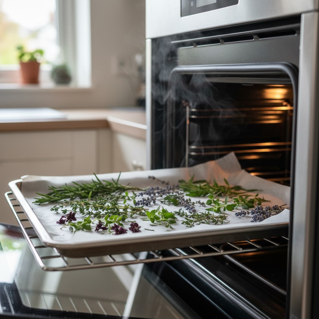 Fresh herb sprigs on a parchment-lined baking sheet being dried in an oven