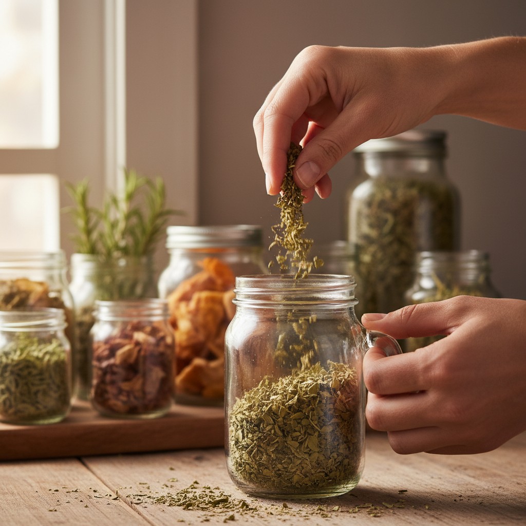 Dried herbs being crumbled by hand into a glass mason jar