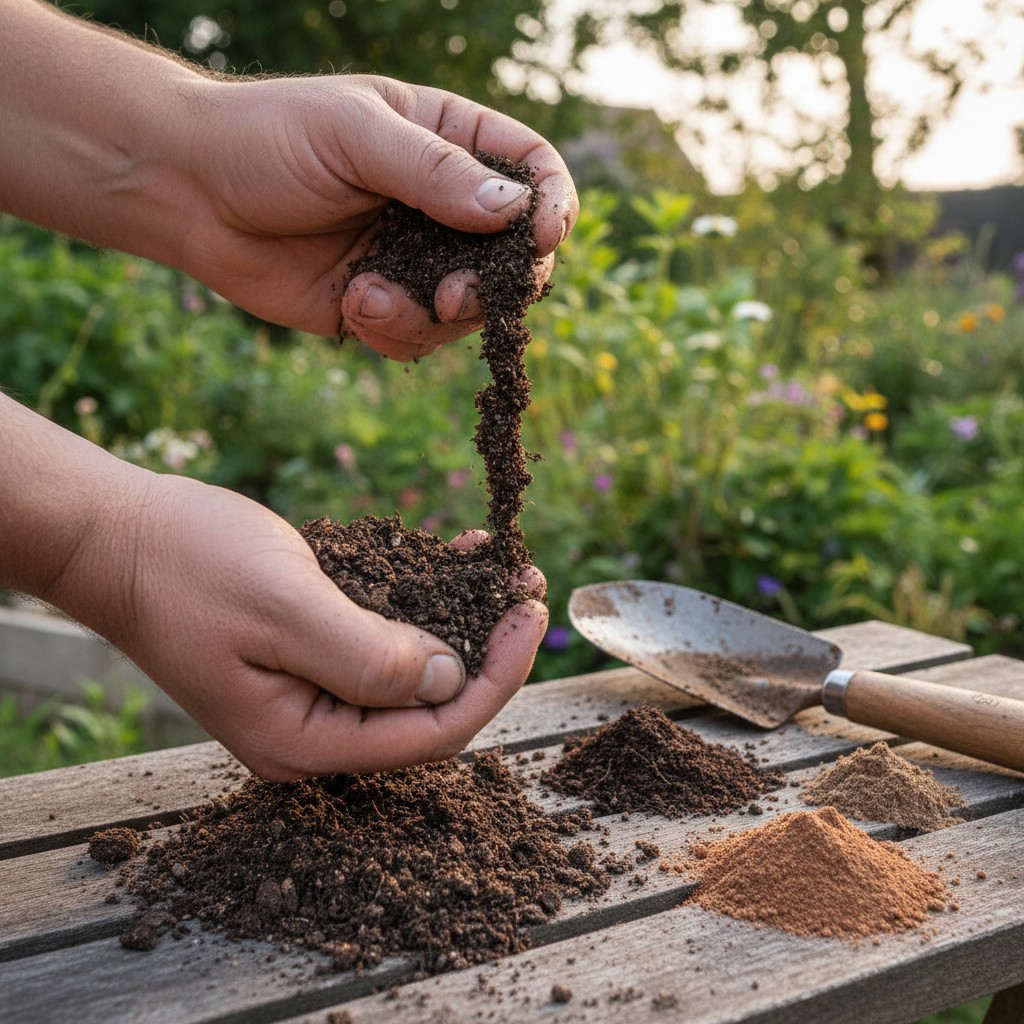 Hands performing a soil ribbon test by squeezing garden soil