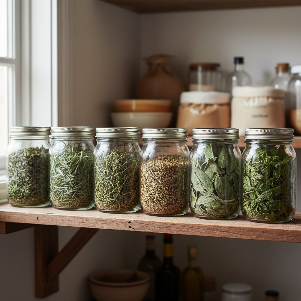 Labeled glass mason jars filled with dried herbs on a wooden pantry shelf
