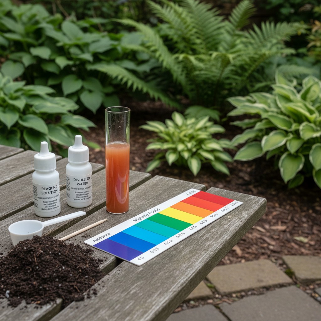 A soil pH test with liquid reagent and color comparison chart