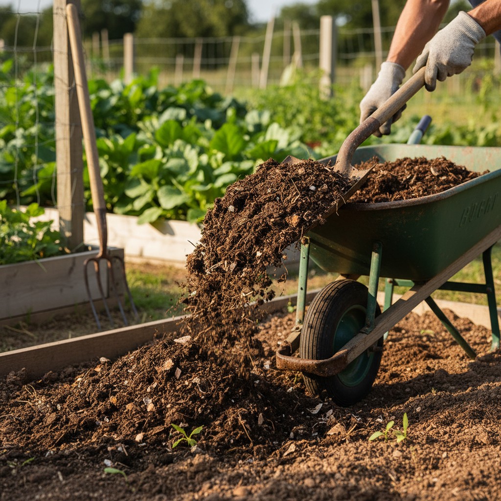 Finished compost being shoveled from a wheelbarrow onto a garden bed