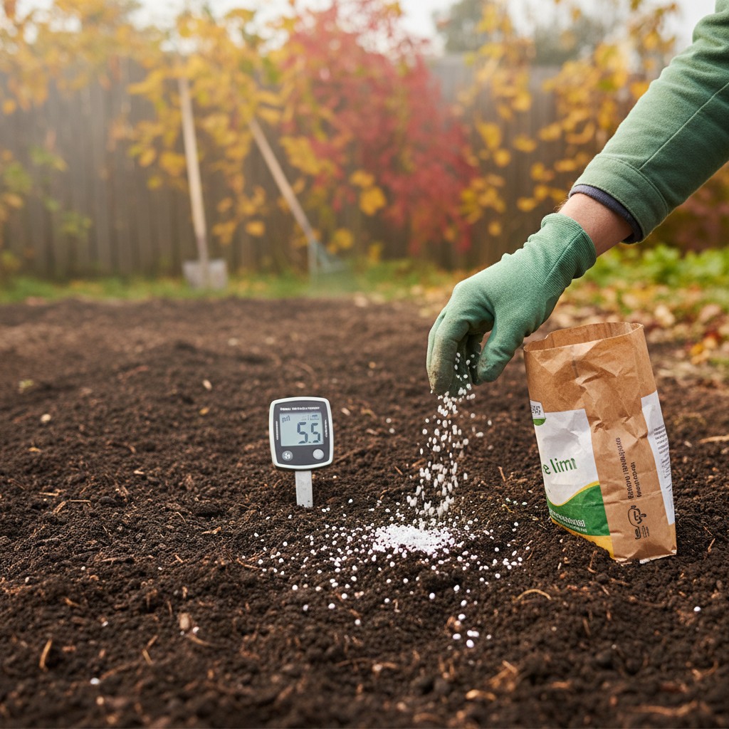 Pelletized garden lime being spread on a freshly tilled garden bed in autumn