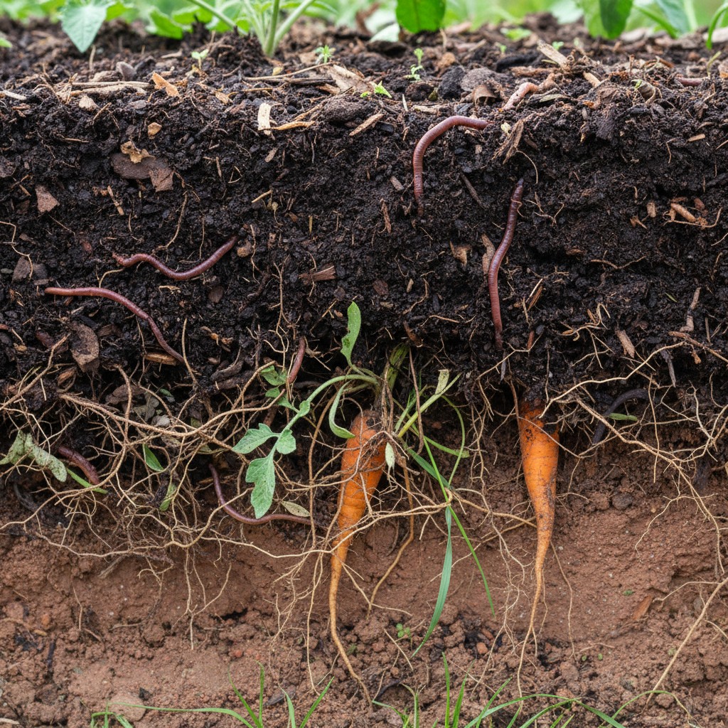 A cross-section of healthy garden soil showing dark topsoil, earthworms, and root systems