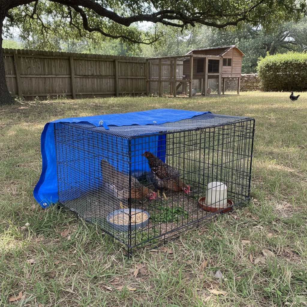 A portable quarantine pen set up away from the main chicken coop