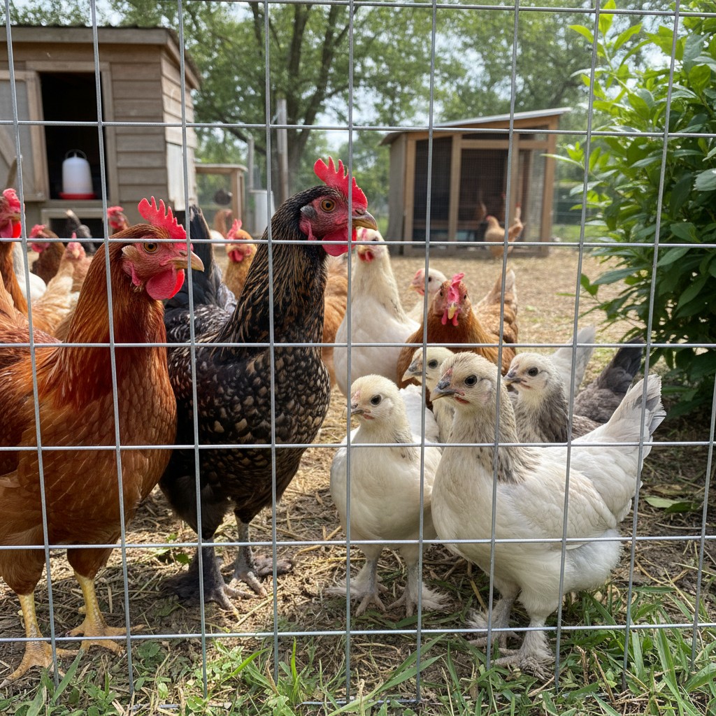 Two groups of chickens separated by wire fence looking at each other