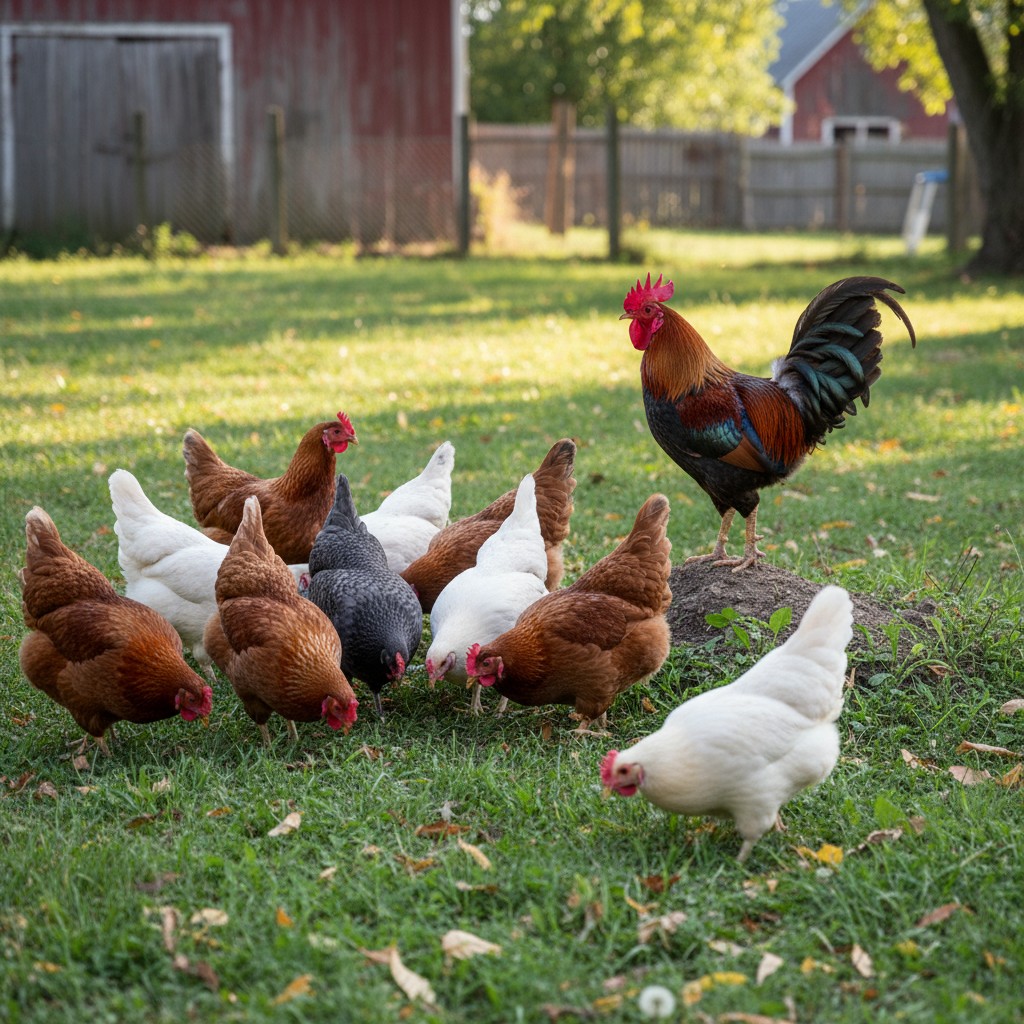 A mixed flock of chickens free-ranging together for the first time