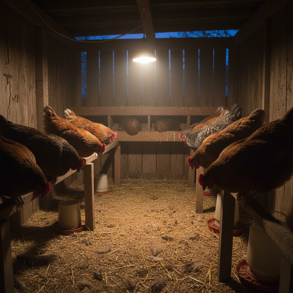 Chickens roosting together on perches inside a dark coop at night