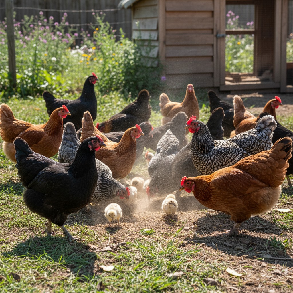 A happy mixed flock of different chicken breeds foraging together peacefully