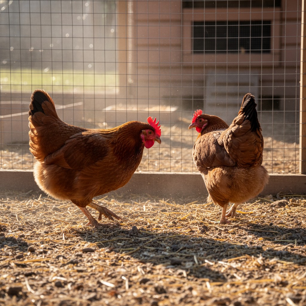 Two hens in a dominance standoff showing normal pecking order behavior