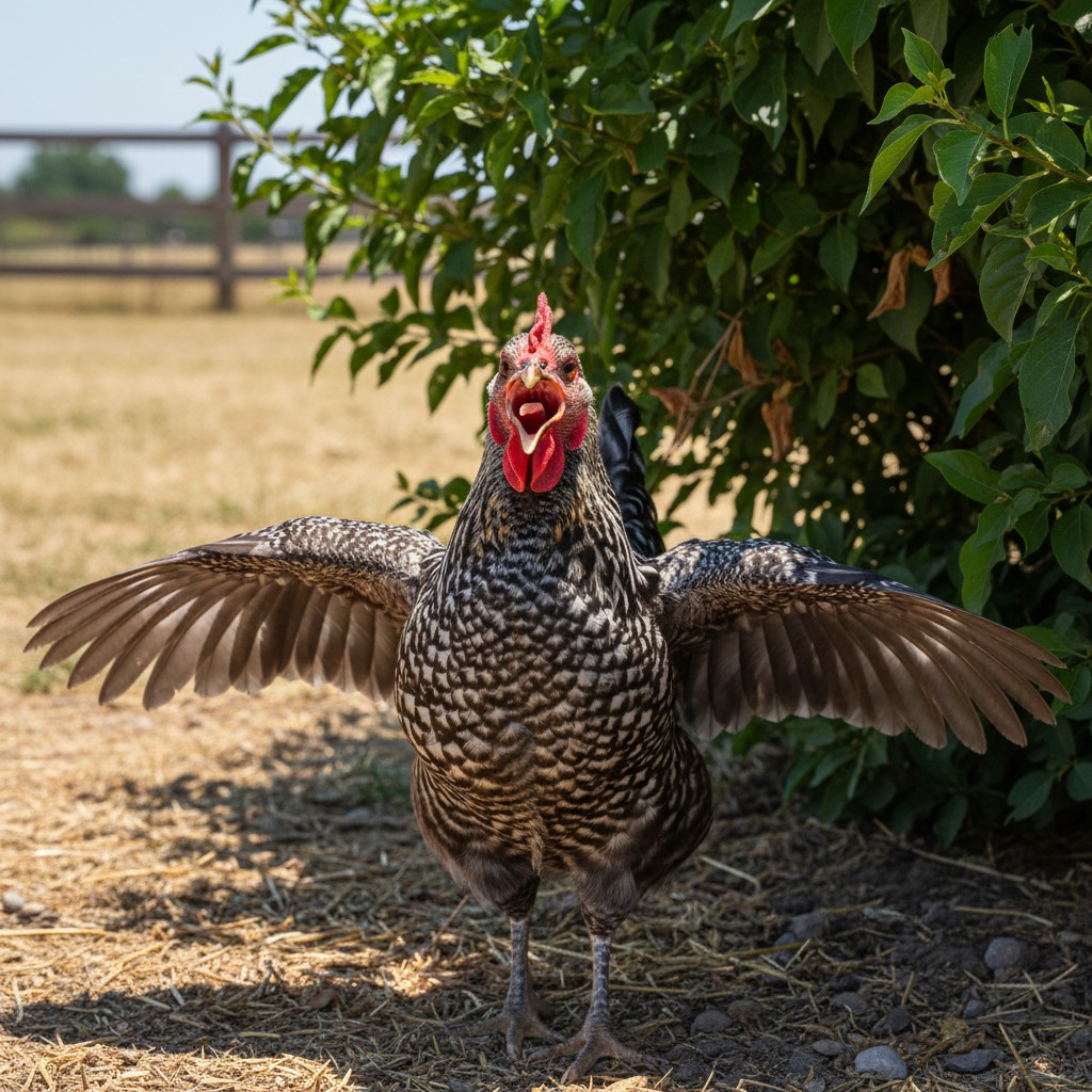 Chicken with open-beak panting and lifted wings showing early heat-stress signs
