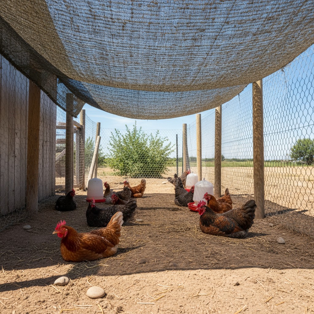 Mixed backyard flock resting under a shade sail on a hot day with water stations nearby