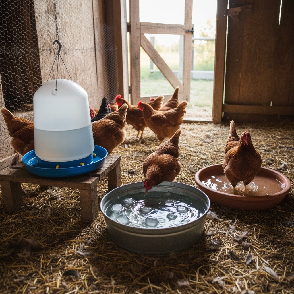 Multiple chicken waterers including one with ice cubes floating in it