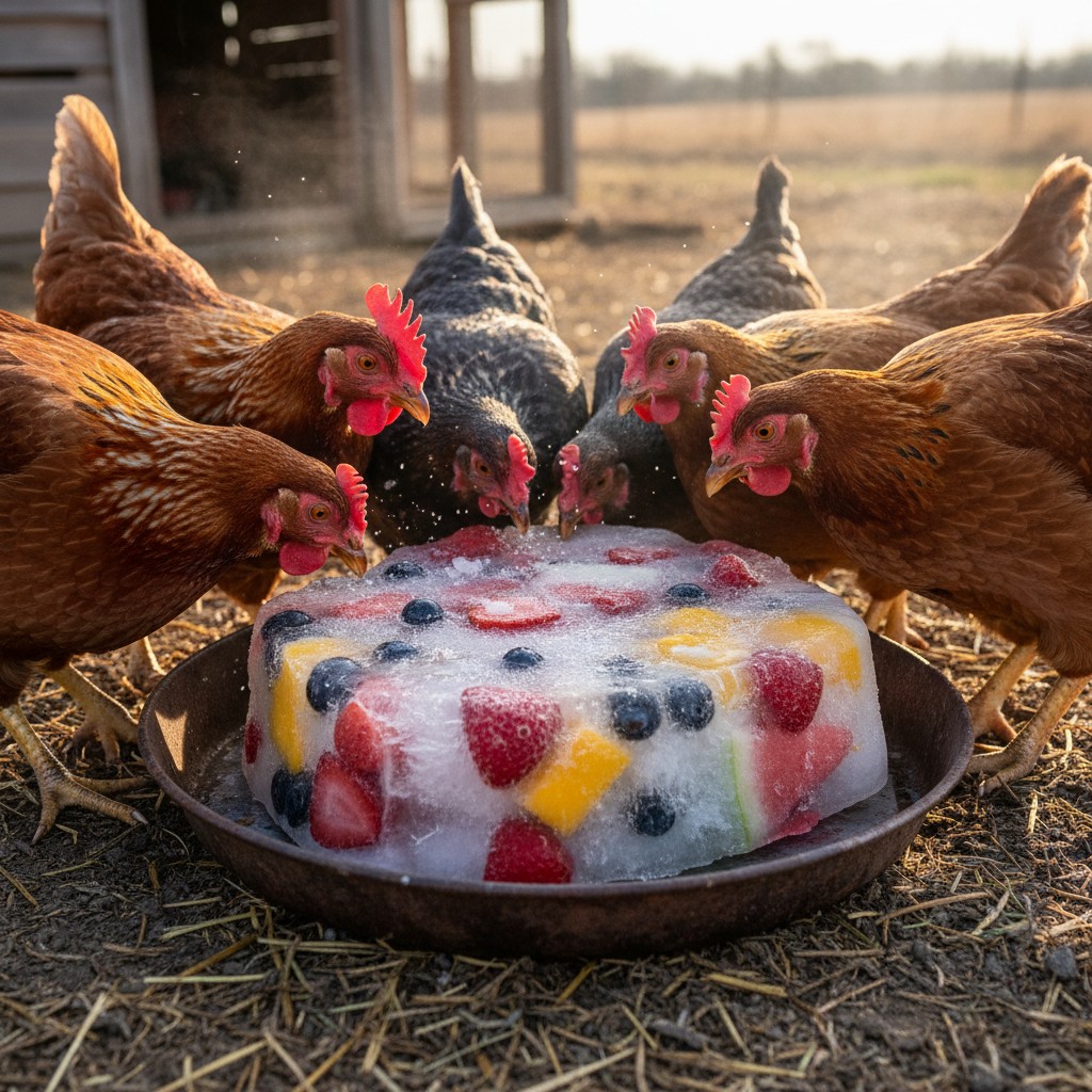 Chickens pecking at a frozen block of watermelon and fruit