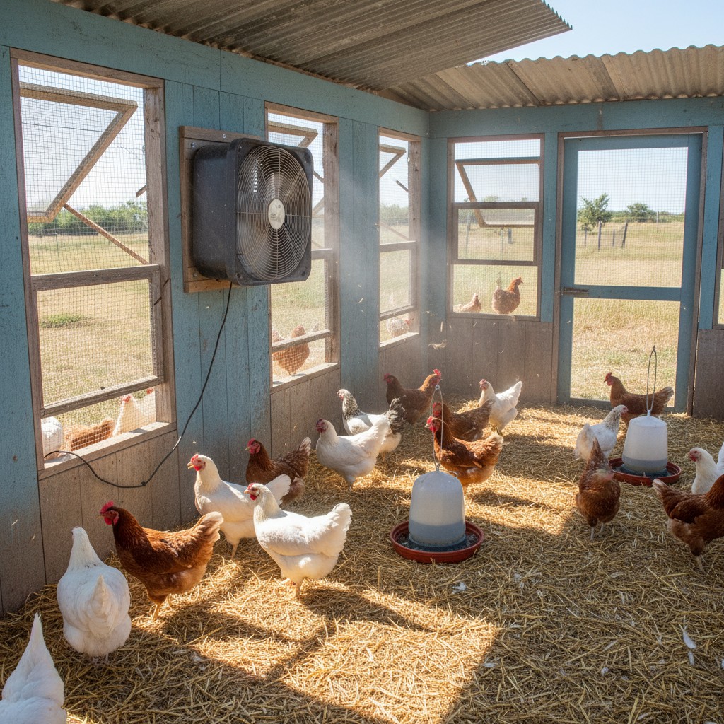 A well-ventilated chicken coop with open windows and a box fan