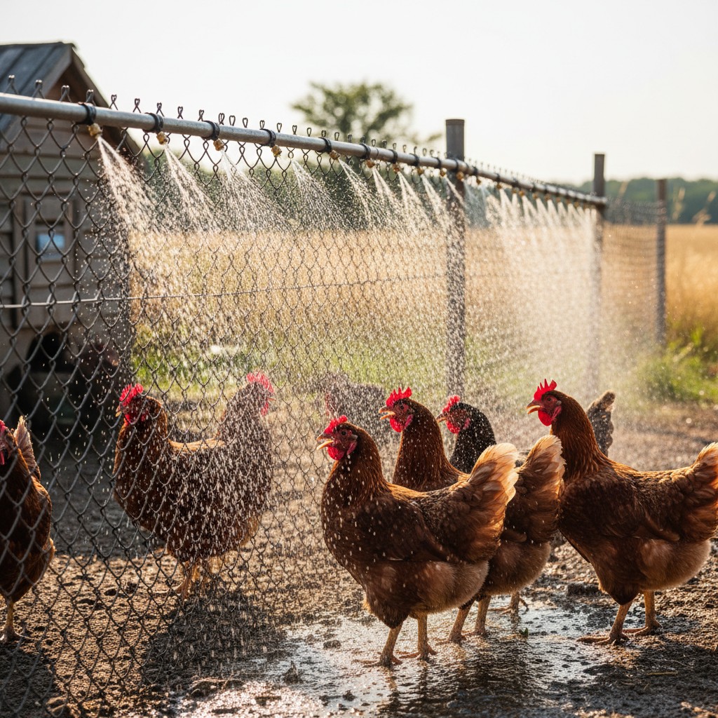 A misting system running along a chicken run fence with chickens standing in the mist