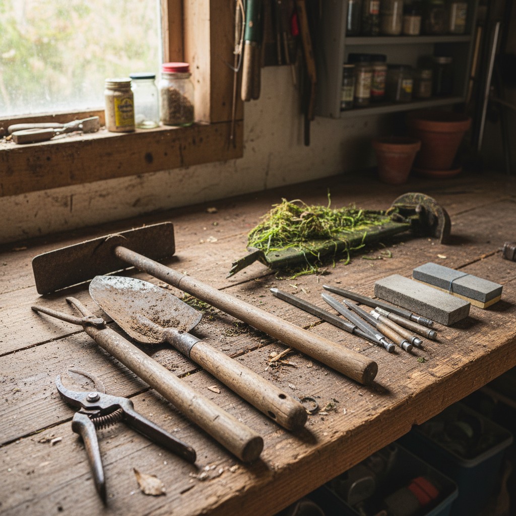 Garden tools laid out on a workbench with a sharpening kit