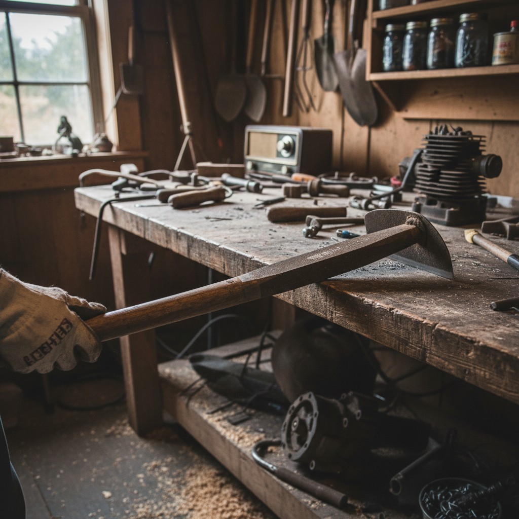 A garden hoe being sharpened with a mill bastard file on a workbench
