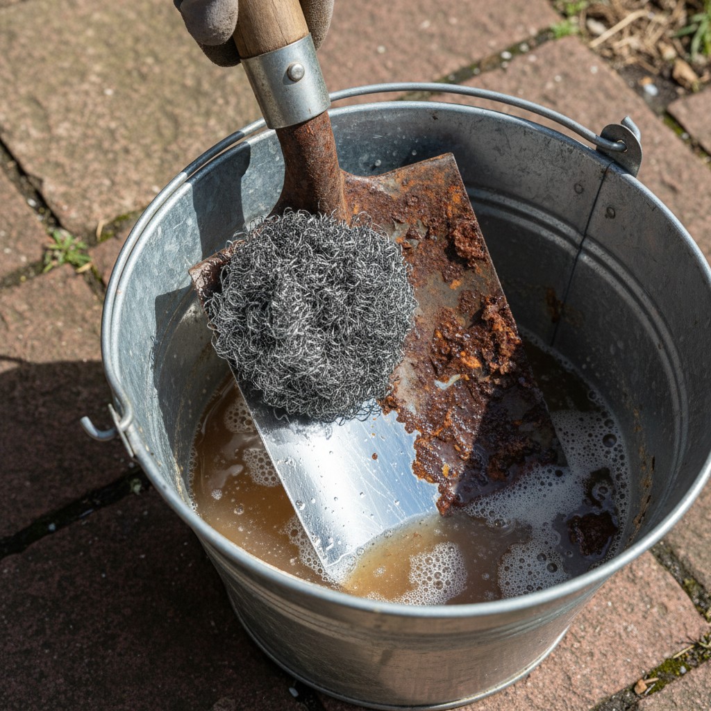 A rusty garden spade being cleaned with steel wool and vinegar