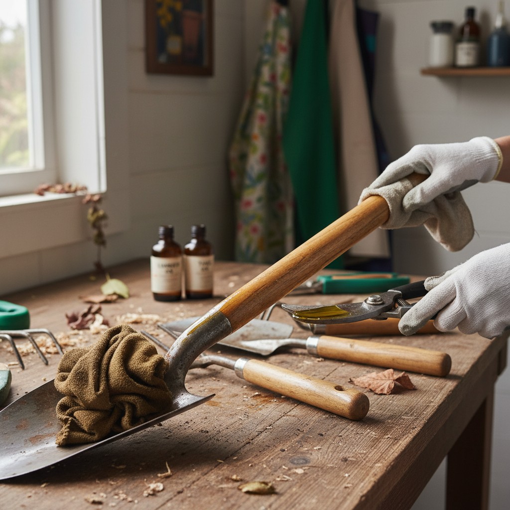 Linseed oil being applied to a wooden tool handle and oil wiped on a metal blade
