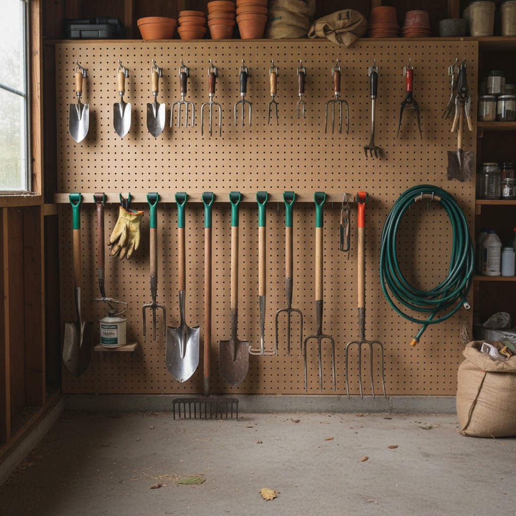 Clean sharpened garden tools hanging organized on a pegboard in a shed