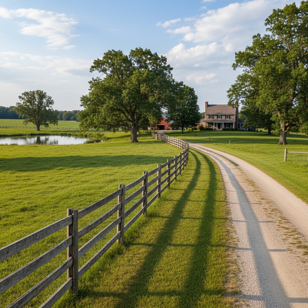A rural property with rolling green pasture, mature trees, and a pond