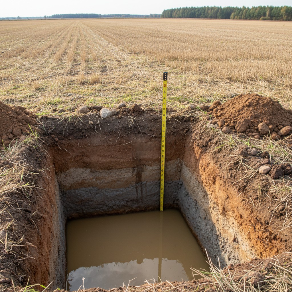 A test hole dug in a field showing soil layers and water table