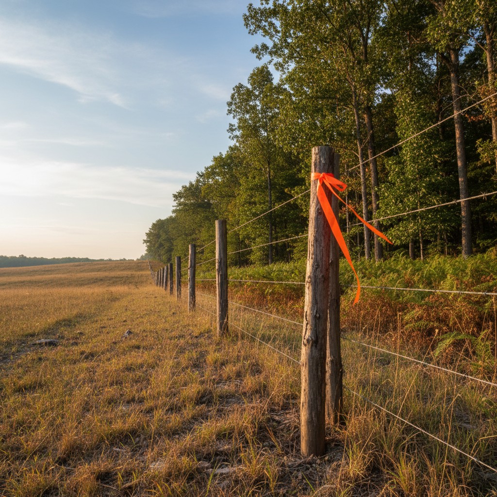 A property boundary marker stake with orange flagging tape
