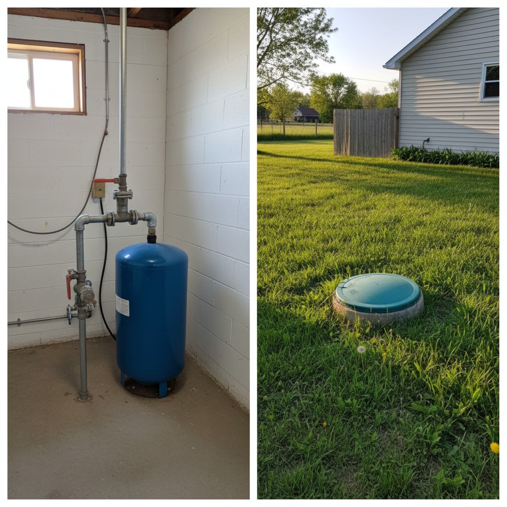 A residential well head and septic tank access lid on a rural property