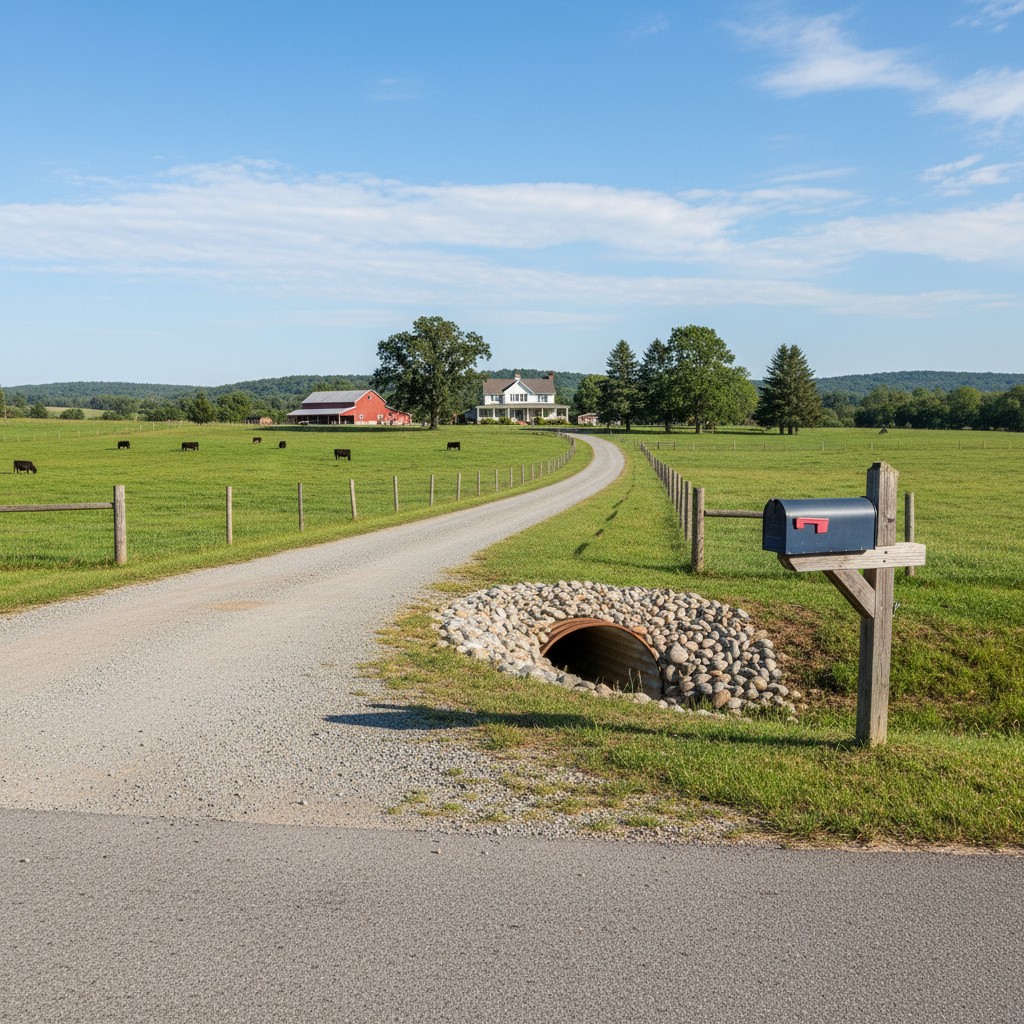 A rural property driveway entrance from a county road with gravel drive and mailbox