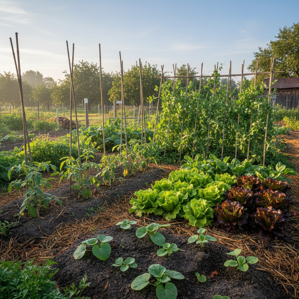 A lush May vegetable garden with tomato transplants, lettuce, peas, and squash seedlings