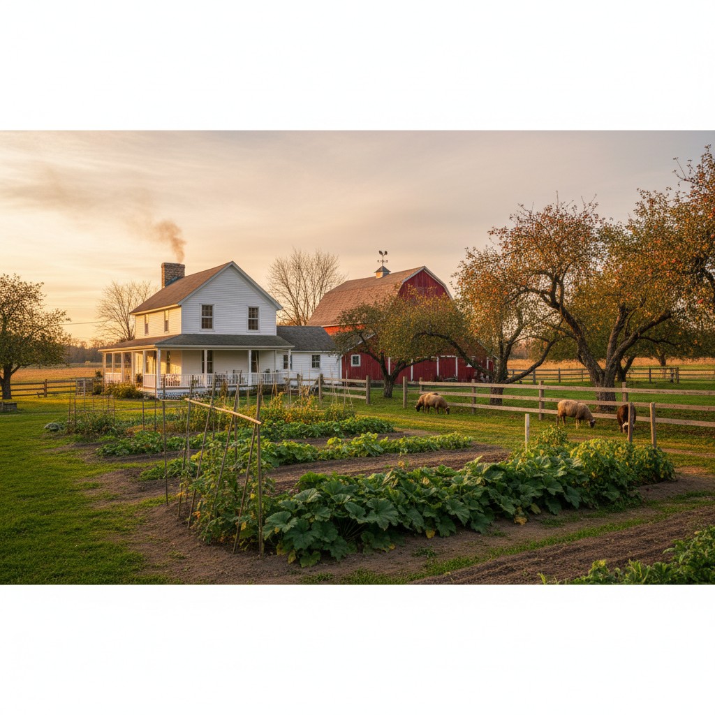 A small homestead with farmhouse, barn, fenced pasture, garden, and fruit trees